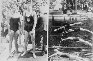 I nuotatori Johnny Weissmuller e Andrew Charlton in gara.