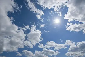 Blue Sky Germany Stampe: Blue sky with sun and clouds, Thuringia, Germany