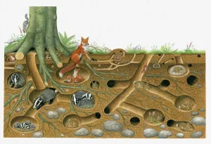 Tunnel Stampe: Illustrazione di volpe rossa e tasso europeo che vivono e si riproducono nel sistema di tane con faina e conigli