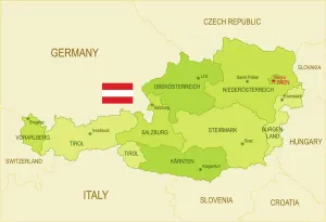Austria Stampe: Carta Plana dell'Austria con Bandiera Austriaca