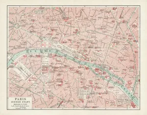 Stampe di 'Atlante manuale di Meyers Leipzig e Vienna Casa editrice dell'Istituto Bibliografico 1900' Mappa Stampe: Mappa di Parigi 1900.