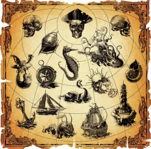 Stampe di Icone di mappa antiche, eps 9 Viaggio nel tempo: Scoprire mappe e piani storici straordinari: Elementi di Mappa Antica