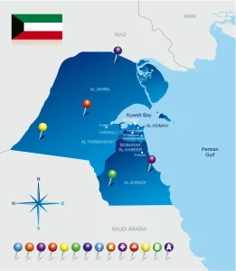 Stampe di Un dettaglio storico e geografico di un paese in continua evoluzione, la mappa del Kuwait rappresenta con precisione il suo territorio e le sue frontiere Mappa Stampe: Mappa Illustrata del Kuwait