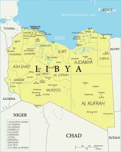 Stampe di La Libia è una nazione africana situata nell'Africa settentrionale, lungo il Mar Mediterraneo. La Libia condivide confini con l'Egitto, il Sudan, il Ciad, il Niger, l'Algeria e la Tunisia Libia Stampe: Mappa di Riferimento della Libia.