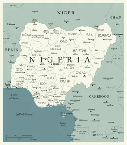 Stampe di La Nigeria si trova nell'Africa occidentale. La Nigeria confina con il Golfo di Guinea, il Benin a ovest, il Niger a nord e Ciad e Camerun ad est Scoprire il mondo in mappe: Passato, presente e oltre: Mappa di Riferimento della Nigeria
