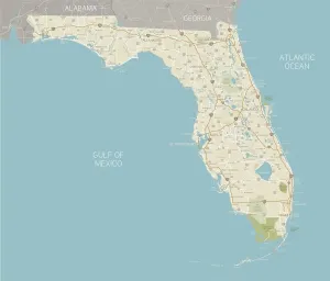 Stampe di Un dettagliato mappa dello stato della Florida con le città, le strade, i fiumi principali e i laghi più National Parks e National Forests. Incluso gli stati vicini e l'acqua circostante Nesophontidae Stampe: Mappa dello Stato della Florida.
