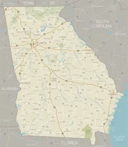 Stampe di Una mappa dettagliata dello stato della Georgia con le città, le strade, i fiumi principali e i laghi. Include gli stati vicini e l'acqua circostante Nesophontidae Stampe: Mappa della Georgia
