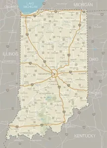 Stampe di Una mappa dettagliata dello stato dell'Indiana con città, strade, fiumi principali e laghi oltre a foreste nazionali. Include gli stati confinanti e l'acqua circostante Nesophontidae Stampe: Mappa dell'Indiana