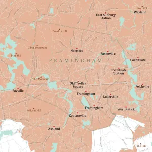 Digital City Maps USA Stampe: MA Middlesex Framingham Vector Road Map