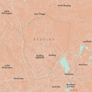 Massachusetts County Map Stampe: MA Middlesex Reading Vector Road Map