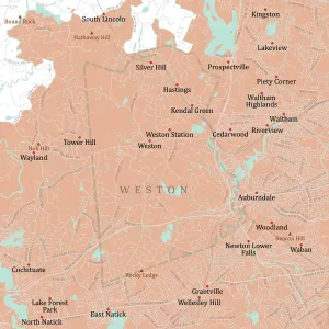 Massachusetts County Map Stampe: MA Middlesex Weston Vector Road Map