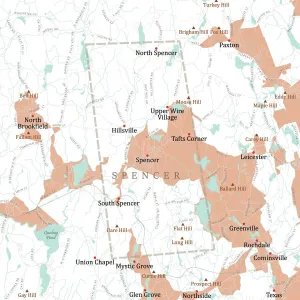Massachusetts County Map Stampe: MA Worcester Spencer Vector Road Map