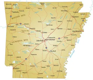 Stampe di Illustrazione vettoriale di una mappa dell'Arkansas con le principali strade, fiumi e laghi Nesophontidae Stampe: Mappa dell'Arkansas.