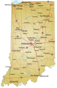 Stampe di Illustrazione vettoriale di una mappa dell'Indiana con strade principali, fiumi e laghi Nesophontidae Stampe: Mappa dell'Indiana.