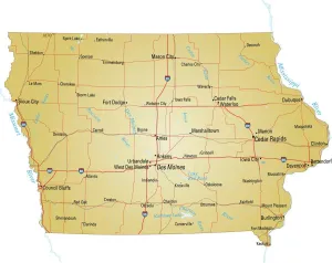 Stampe di Illustrazione vettoriale di una mappa dell'Iowa con le principali strade, fiumi e laghi Nesophontidae Stampe: Mappa dello Iowa