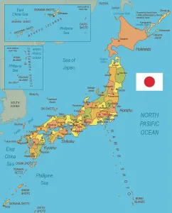 Stampe di Mappa di Riferimento Mappa Stampe: Mappa del Giappone con bandiera.