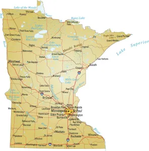 Stampe di Illustrazione vettoriale di una mappa del Minnesota con le principali strade, fiumi e laghi Nesophontidae Stampe: Mappa del Minnesota