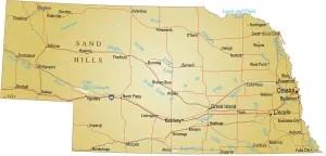 Stampe di Illustrazione vettoriale di una mappa del Nebraska con strade principali, fiumi e laghi Nesophontidae Stampe: Mappa del Nebraska.
