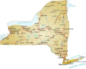 Stampe di Illustrazione vettoriale di una mappa dello stato di New York con le principali strade, fiumi e laghi Immagini datate 2018 ottobre: Mappa di New York