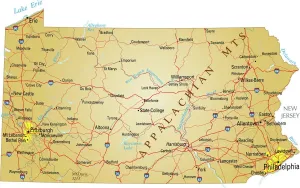Stampe di Illustrazione vettoriale di una mappa della Pennsylvania con le principali strade, fiumi e laghi Nesophontidae Stampe: Mappa della Pennsylvania