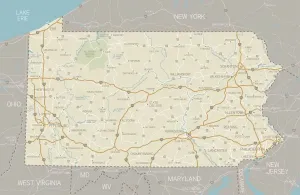 Stampe di Un dettagliato mappa dello stato della Pennsylvania con città, strade, fiumi principali e laghi. Include gli stati confinanti e l'acqua circostante Nesophontidae Stampe: Mappa della Pennsylvania