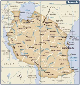 Mappa del paese della Tanzania.