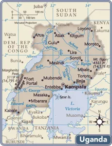Uganda Stampe: Mappa del paese Uganda.