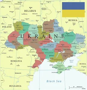 Stampe di Una mappa di riferimento dell'Ucraina, che mostra la geografia e le frontiere del paese in un momento storico critico Ucraina Stampe: Mappa di Riferimento dell'Ucraina
