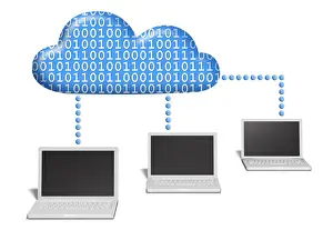 Digital Data Storage Device Stampe: Three notebooks connected to a cloud which is filled with binary code