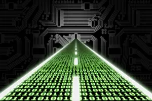 Computer Science Illustration Stampe: Road made of binary code leading towards a stylized circuit board