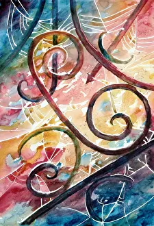 Stampe di Dipinto ad acquerello di una ragnatela tra cancelli di ferro. Fondo colorato con disegno metallico, musica nell'aria Immagini del 28 settembre 2012: Spiderweb