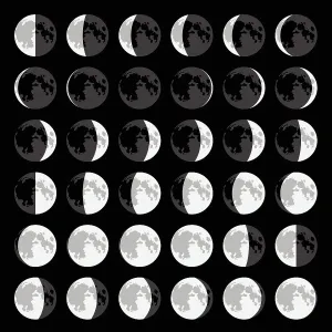 Stampe di Ci sono otto fasi della luna. In ordine sono nuova Luna, crescente, primo quarto, gibbosa crescente, piena Luna, gibbosa calante, terzo quarto e crescente calante Una Foto In Sequenza è La Decostruzione Di Un Soggetto In Movimento All'interno Della Stessa Immagine E Questa è Una Raccolta Di Foto E Illustrazioni Che Raccontano Delle Storie. Stampe: Fase Lunare Sequenza