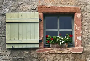 European Floral Decoration Stampe: Window with shutters and geraniums, Eberbach, Hesse, Germany, Europe