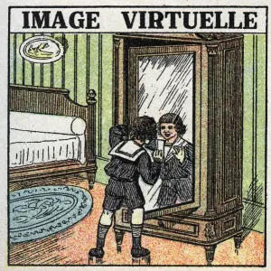Riflessione della luce: immagine virtuale. Un bambino che riflette su di sé in uno specchio.