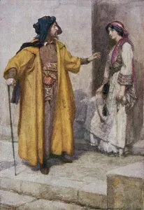 Shylock le diede le chiavi e le disse di guardare la casa, illustrazione da The Merchant of Venice in Stories from Shakespeare: Retold by Thomas Carter pubblicato circa 1910 (litografia a colori).