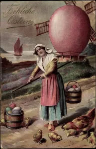 Happy Easter Greeting Card Stampe: Congratulations Easter, Easter egg mill, farmer, chick