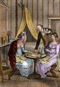 Domestic Scene Painting Stampe: Little dinner. Olympe de Gouges (1748-1793), French woman of letters