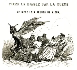 Cento Proverbi: Tirare il Diavolo per la Coda Non Va Lontano, Giovane o Vecchio, 1845 (incisione).