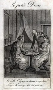 Black And White Domestic Scene Stampe: Little dinner. Olympe de Gouges (1748-1793), French woman of letters