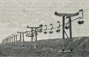 Civil Engineering History Stampe: Telpherage: Buckets of clay being carried by Sussex Cement Company's wire rope railway at Glynde