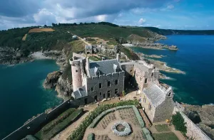 French Coastline Scenery Stampe: Accommodation and gatehouse seen from courtyard, Fort-la-Latte, founded in 14th century