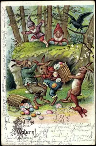 Easter Egg Hunt Postcard Stampe: Congratulations Easter, Easter bunnies fighting for Easter eggs