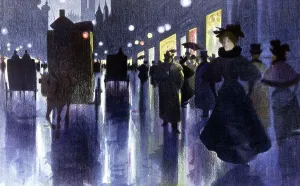 Historical German Architecture Stampe: Electric lighting at nightfall in Berlin, early 20th century (illustration)