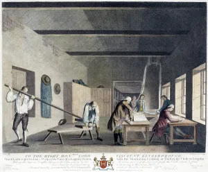 Industrial Revolution Textiles Stampe: Mill or factory where several men are engaged in measuring