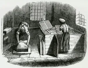 Manual Labor Jobs Stampe: Making paper by hand by sieving pulp in forms. Engraving 1845
