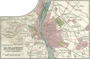 European City Maps Stampe: Map of Budapest, c.1900 (engraving)