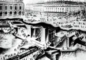 Black And White City Photography Stampe: Section View of subway in Opera square in Paris, engraving c. 1910