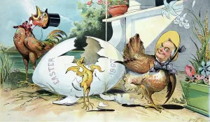 Easter Chick Stampe: Small chick labelled Prosperity hatching from an egg labelled Easter, 1897