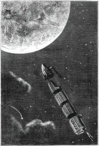 Jules Verne Prints Stampe: Space capsule dwarfed by the disc of the Moon