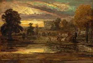 British Landscape Painter Stampe: Cattle at a Pool at Sunrise Signed and dated, lower left: JW RA 1827